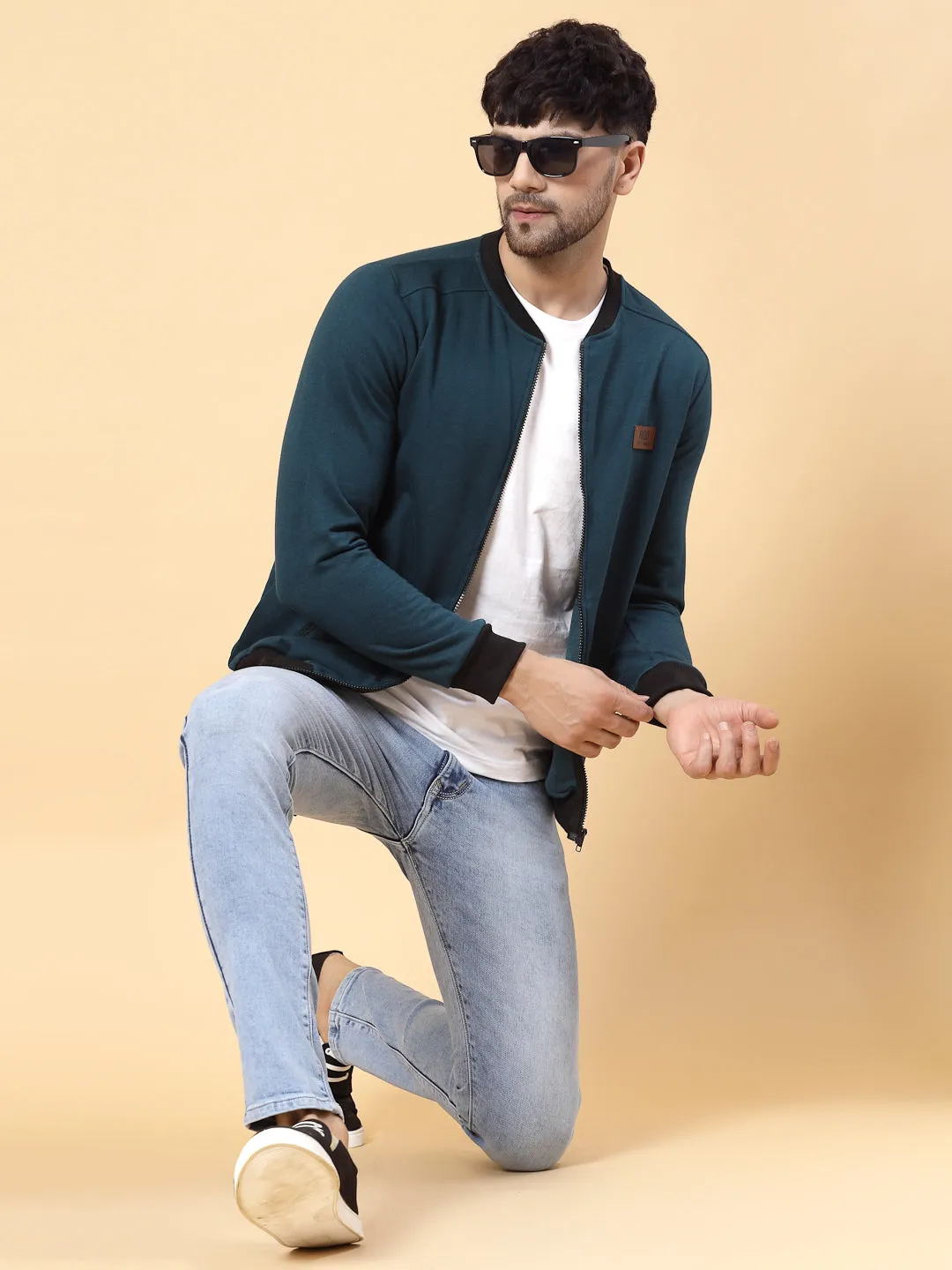 Front Zip With Mandarin Collar Fleece Bomber Jacket