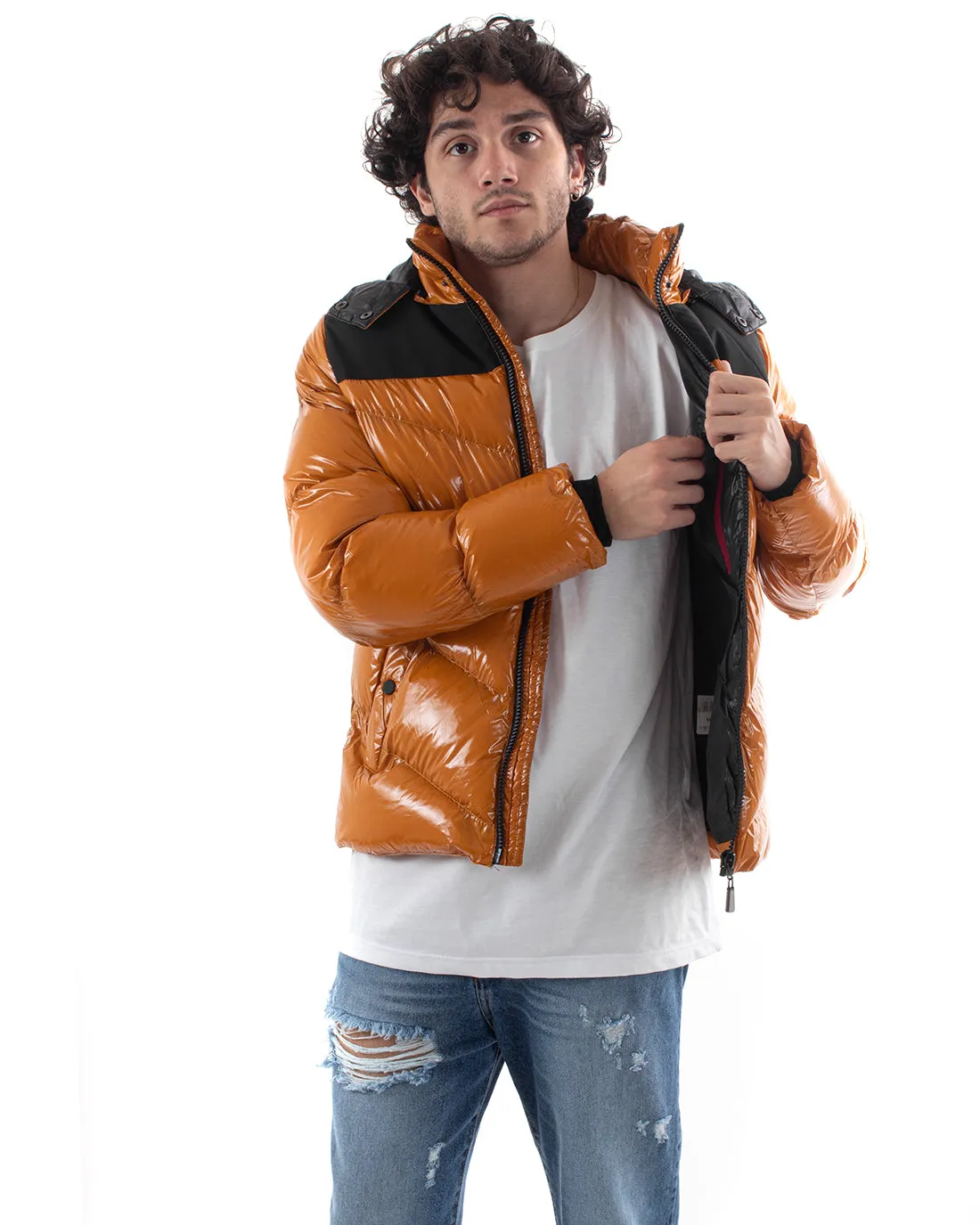 Giubbotto Uomo Bomber Lucido Fascia Opaca Senape Tinta Unita Vernice Cappuccio GIOSAL-G3017A