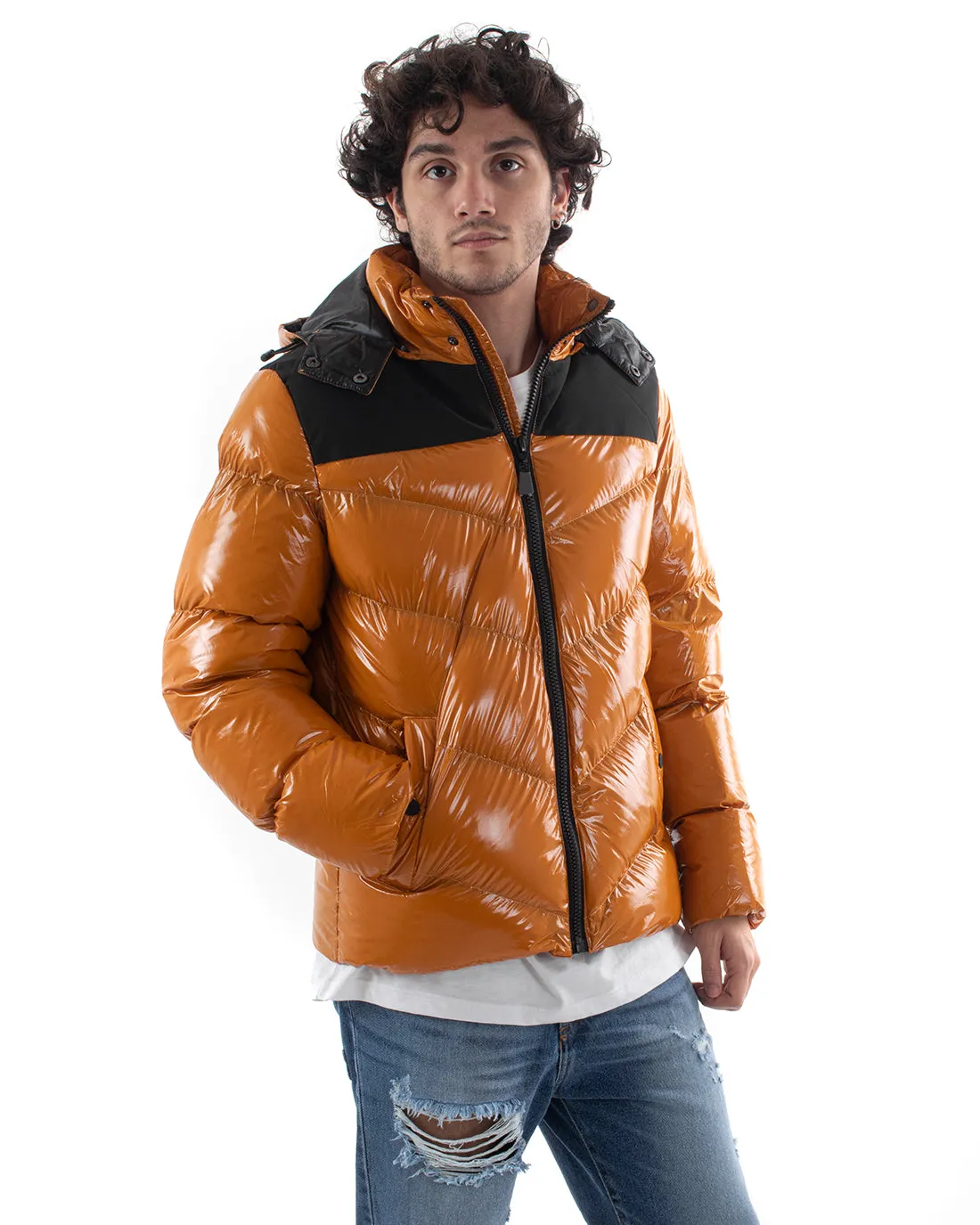 Giubbotto Uomo Bomber Lucido Fascia Opaca Senape Tinta Unita Vernice Cappuccio GIOSAL-G3017A