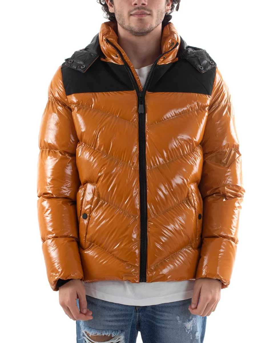 Giubbotto Uomo Bomber Lucido Fascia Opaca Senape Tinta Unita Vernice Cappuccio GIOSAL-G3017A