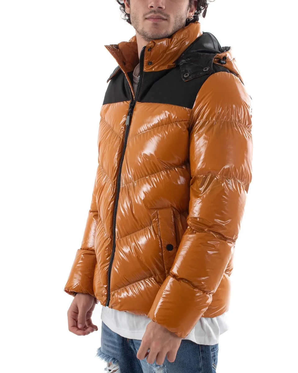 Giubbotto Uomo Bomber Lucido Fascia Opaca Senape Tinta Unita Vernice Cappuccio GIOSAL-G3017A