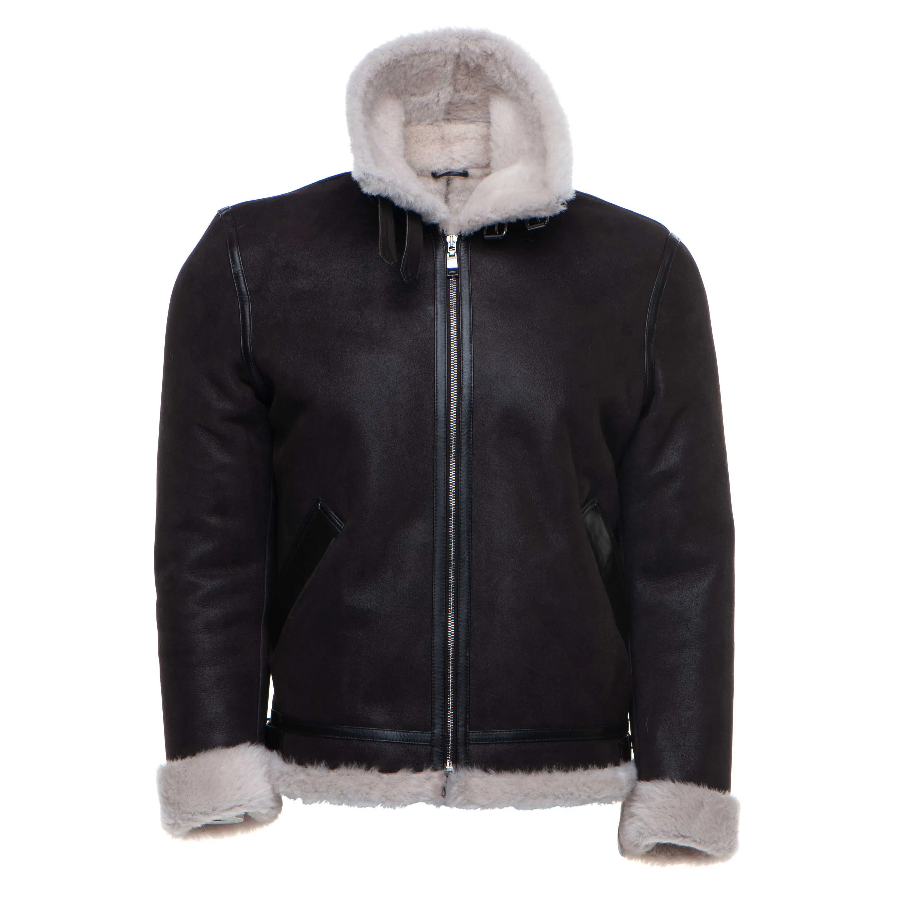 Hampton's Classic Brown B-3 Bomber Aviator Shearling Jacket with collar belt
