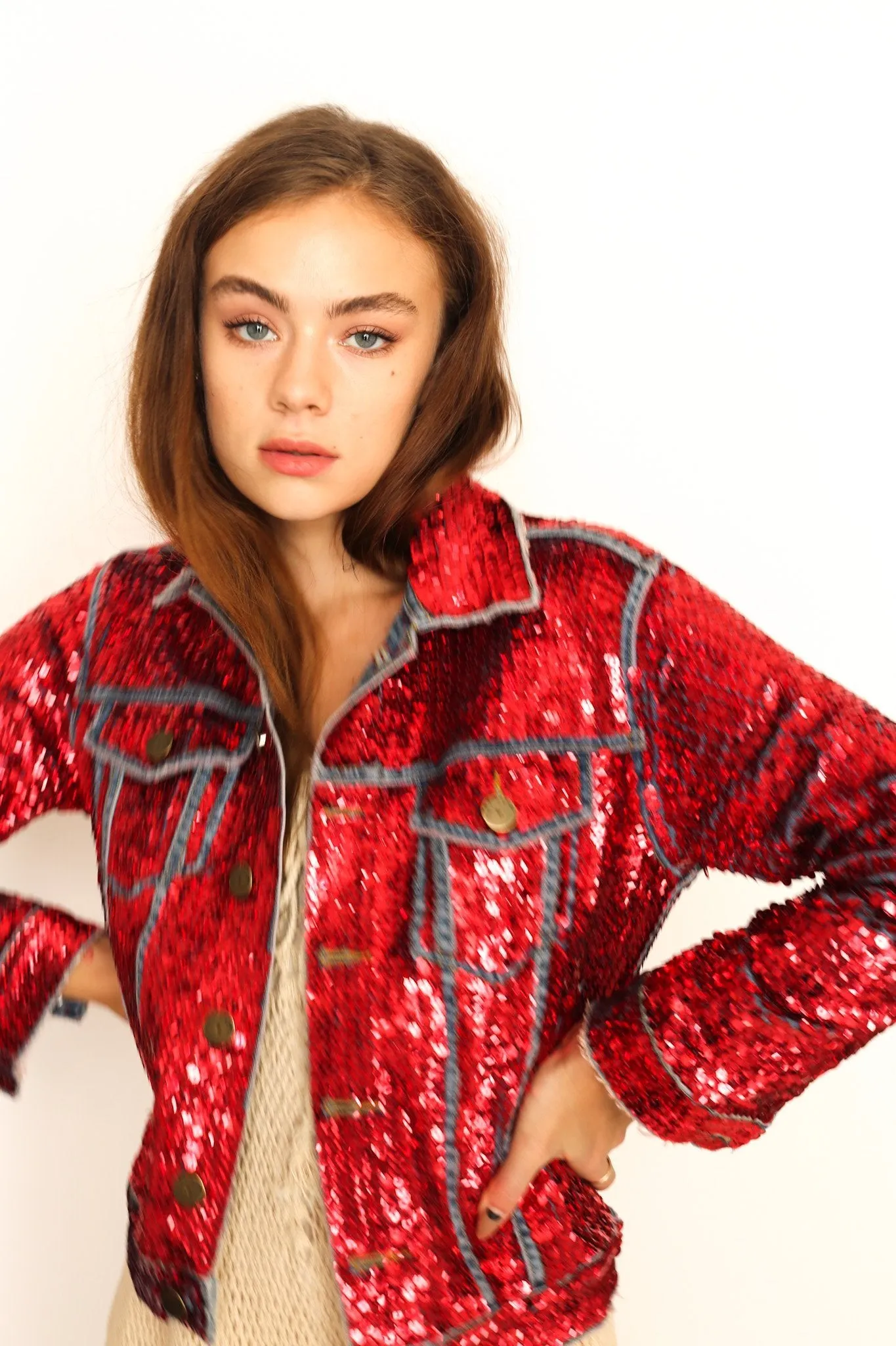 HAND SEQUIN EMBROIDERED DENIM JACKET AMY