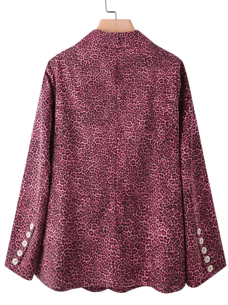 Leopard Printed Corduroy European Button Cuffs Suit For Women