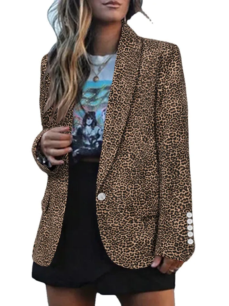Leopard Printed Corduroy European Button Cuffs Suit For Women
