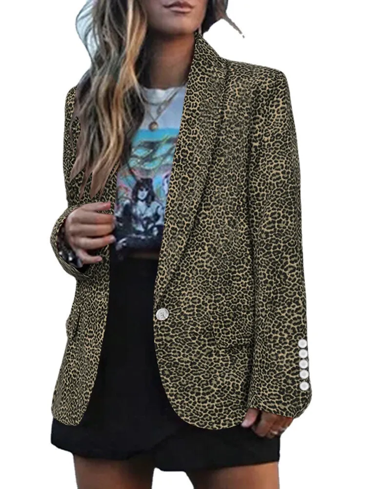 Leopard Printed Corduroy European Button Cuffs Suit For Women